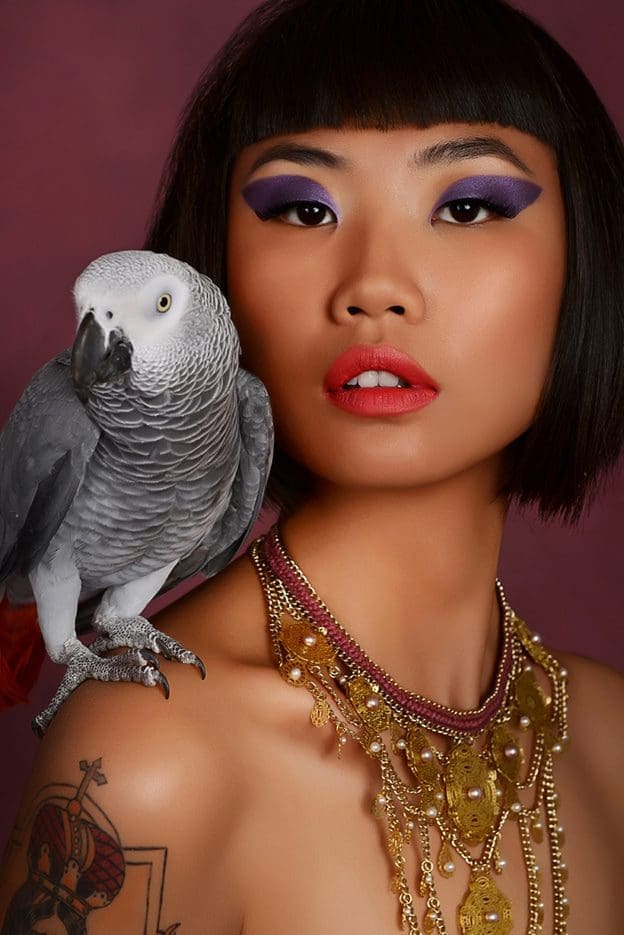 Gossip Bird creative fashion editorial – Tory Smith & Her African Grey